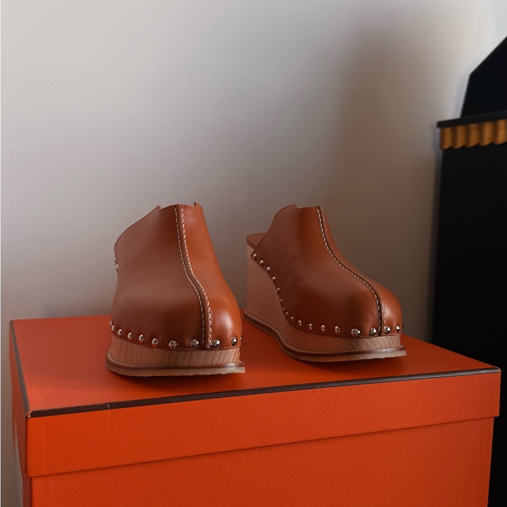 Hermes Brown Leather Platform Clogs